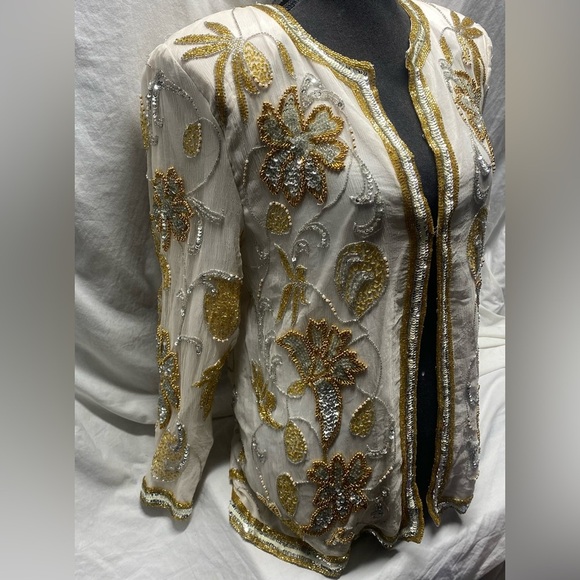 Vintage Rina Z beaded sequin silk jacket sz L Cream Silver Gold Floral -RARE- - Picture 2 of 14